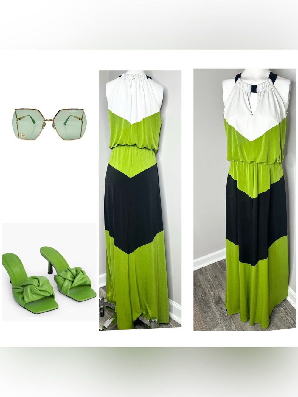 LONDON TIMES Colorblock Halter Maxi Dress - White, Lime & Black-4